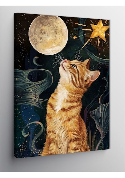 Kanvas Tablo Dolunay Ve Sarı Kedi 100cmx140cm