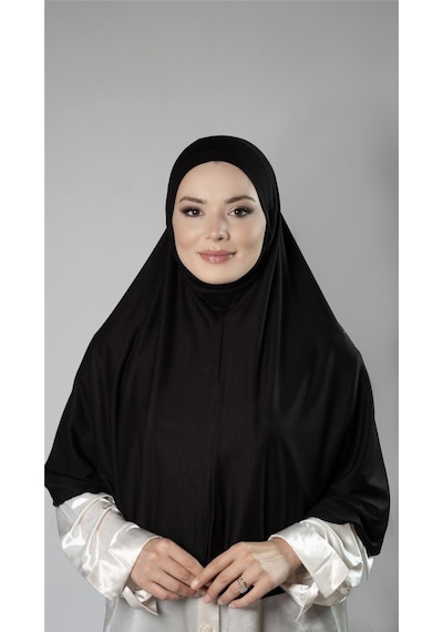 Hürrem Bone Siyah Pratik Hazır Geçmeli Tesettür Eşarp Viskon Arkası Lastikli Peçeli 2112 01