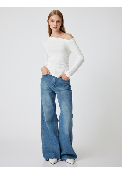 Koton Uzun Kollu Tişört Asimetrik Yaka Drapeli Viskon Slim Fit Ekru 5wal10144ık Ekru