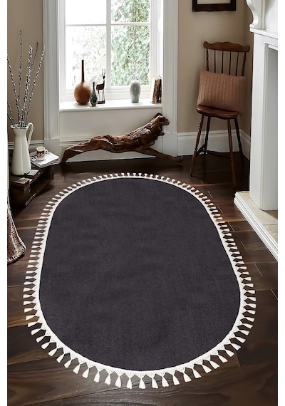 Vl Oval Comfort Overloklu Peluş Halı Beyaz Saçaklı Oval Antrasit