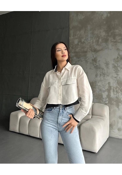 Defymoda Çift Renkli Kısa Gömlek Krem S4021 Krem