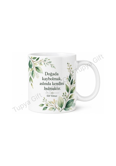 Yaprak Temalı Doğa Sever Baskılı Kupa Bardak Doğa Hediye Porselen Mug Beyaz / Çok Renkli