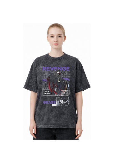 Sevbano Revenge Code Geass Anime Baskılı Unisex Oversize Eskitme Yıkamalı Siyah