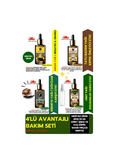 Amazeus 4'lü Bakım Seti ''saç, Cilt Ve Kaş/kirpik Genel Bakım'' %100 Saf Argan,tatlı Badem,biberiye,hint