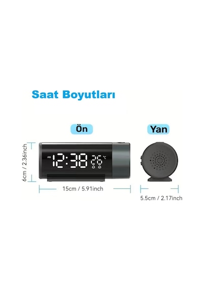 Hymark Projeksiyonlu Silindir Usb Güç Led Ekran Çalar Saat Sıcaklık Çift Alarm Siyah