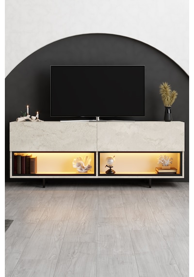 Ekol Siyah Demir Ayaklı Rgb Led Işık Sistemli Traverten Tv Ünitesi Tv Sehpası M2 Traverten - Siyah Ekol Siyah Demir Ayaklı Rgb Led Işık Sistemli Traverten Tv Ünitesi Tv Sehpası M2 Traverten - Siyah