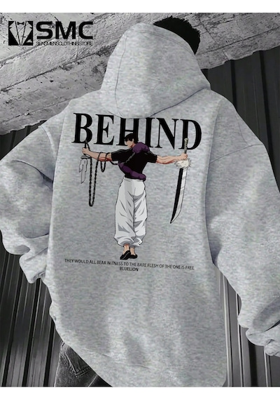 Uyguntarz Unisex Toji X Japon Baskılı Kapüşonlu Sweatshirt Gri