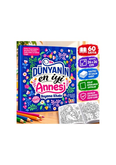 Dünyanın En İyi Annesi Boyama Kitabı 60 Sayfa 26x26 Cm Kaliteli Baskı Eğlenceli Çocuk Boyama Kitabı