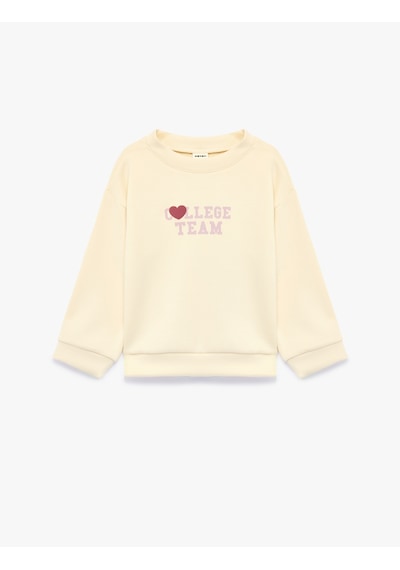 Koton Viskon Karışımlı Bisiklet Yaka Uzun Kollu Baskılı Sweatshirt Bej 7wmg10105ak Ekru