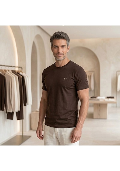 D's Damat Erkek T-shirt, Regular Fit Bisiklet Yaka Esnek Pamuklu Günlük Kısa Kollu Tişört Koyu Kahverengi Renkli