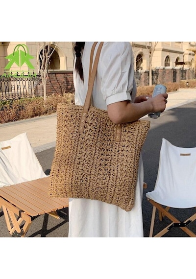 Deri Saplı Fermuarlı İç Cepli Kare Örgü Yazlık Sahil Plaj Beachwear Hasır Örgü İthal Çanta Camel