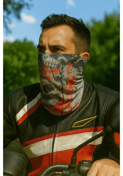 Sticker Works Motorcu Gri Kurukafa Buff Maske Outdoor Boyunluk Unisex Bandana Standart