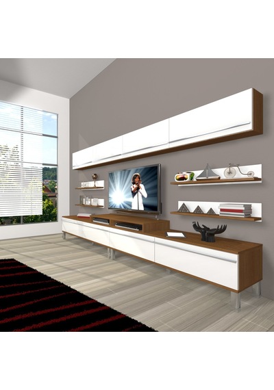 Decoraktiv Ekoflex 360y Mdf Krom Ayaklı Tv Ünitesi Tv Sehpası Ceviz - Beyaz