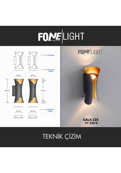 FoneLight Butterfly 22 cm Siyah Altın Alüminyum LED Duvar Apliği IP65 Dış Mekan Bahçe Balkon Teras Villa Cephe Aydınlatması 3000K