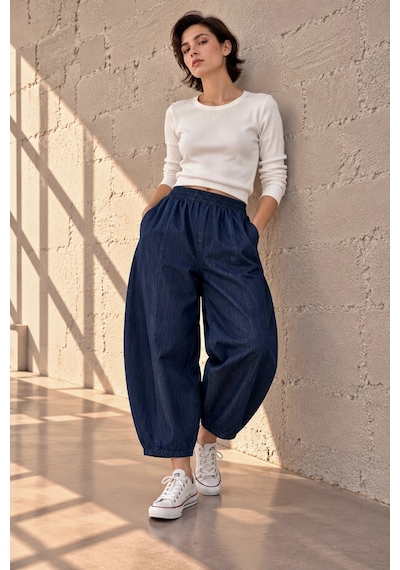 Bb Butik Basic Dökümlü Denim Balon Kesim Beli Lastikli Kadın Pantolon My3535 Mavi