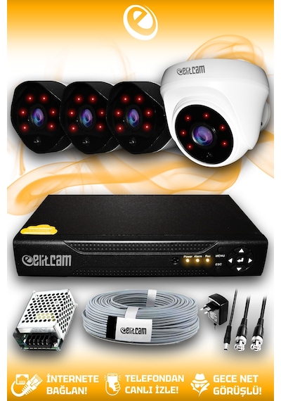 Elitcam 4 Kameralı Uzay 1 İç Kamera Set HDD'siz Full HD Gece Görüşlü Güvenlik Kamerası Sistemi