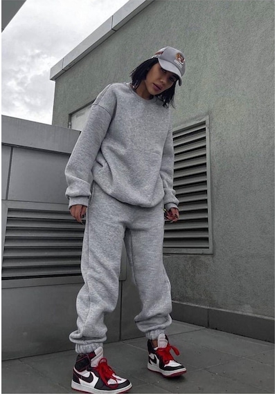 Baskısız Eşofman Takımı Sweatshirt Jogger - Gri Oversize Şardonlu Bisiklet Yaka Gri