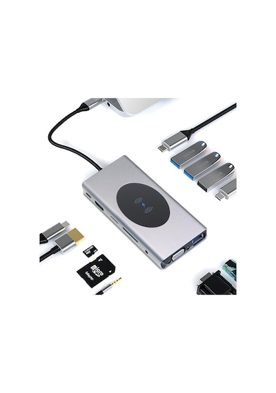 Yerleştirme İstasyonu Usb C Hub 13'ü 1 Arada Kablosuz Şarj İstasyonu, Usb C - Hdmı, Ethernet, Vga, 5 Usb Ve Sd/tf,