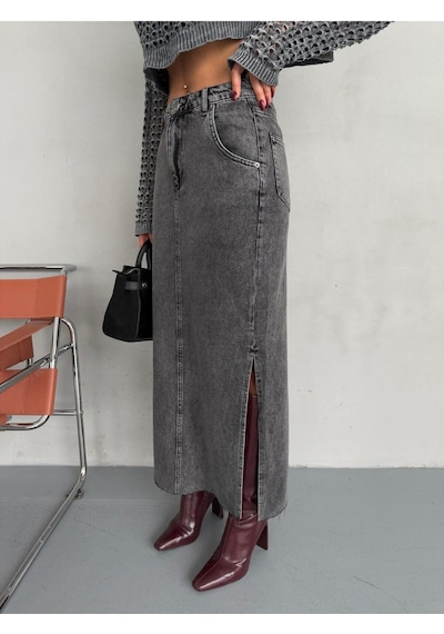 Zeo Basic Yanlardan Yırtmaçlı Füme Jean Maxi Etek Siyah/Füme