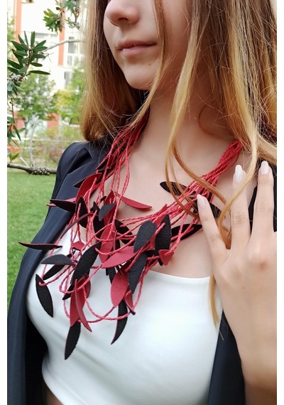 Özel Deri Yapraklar Şekilli Bordo Renk El Yapımı Ayarlanabilir Ka