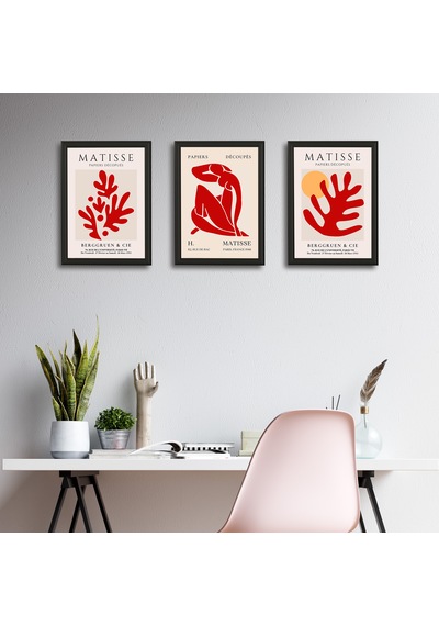 Henri Matisse 3'lü Alüminyum Çerçeveli Poster Seti - Önden Açılır A3 Açılır Kapanır Çerçeve Seti Kırmızı Soyut Figürler, Siyah