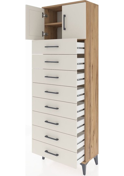 Arges Dolap 2 Raflı 8 Çekmeceli 2 Kapaklı 60x30x182 Çam-aytaşı Atlas Çam