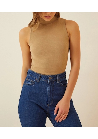 Barlashive Kadın Full Likralı Fitilli Kaşkorse Body - Camel Çok Renkli