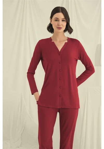 Monamise Kadın Uzun Kollu Boydan Düğmeli V Yaka Pijama Takımı 18673 Kırmızı