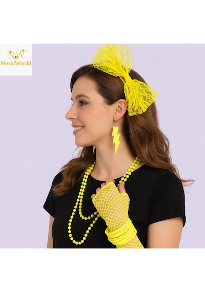 80 Ler 90 Lar Neon Sarı Parti Seti Kolye Küpe Taç 3+