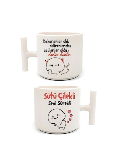 Mochi Cat Baskılı 2'li El Yapımı T Kulplu Fincan Beyaz