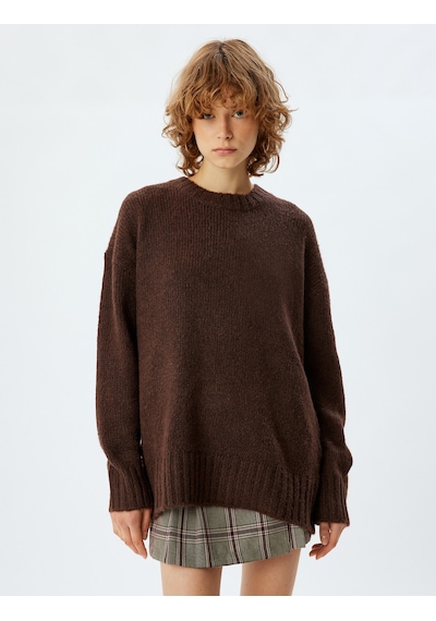 Koton Basic Triko Tunik Bisiklet Yaka Uzun Kollu Kahverengi 5wal60002ıt