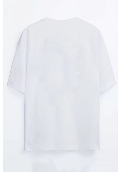 Anime Samuray Kedi Baskılı Unisex Siyah - Beyaz Oversize T-shirt Beyaz