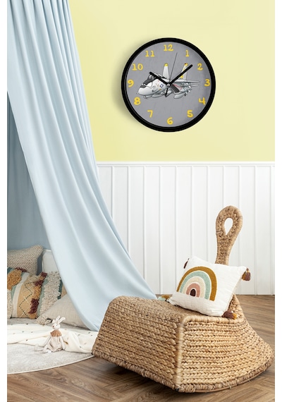 Jet Uçak Çizimli Modern Duvar Saati - 25cm - Önü Camlı Siyah Kasa - Sessiz Mekanizma-jh0782 Siyah
