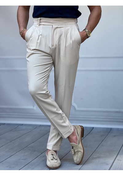 Modefendi Özel Üretim %100 Gofre Kumaş Modern Fit Kumaş Pantolon Krem