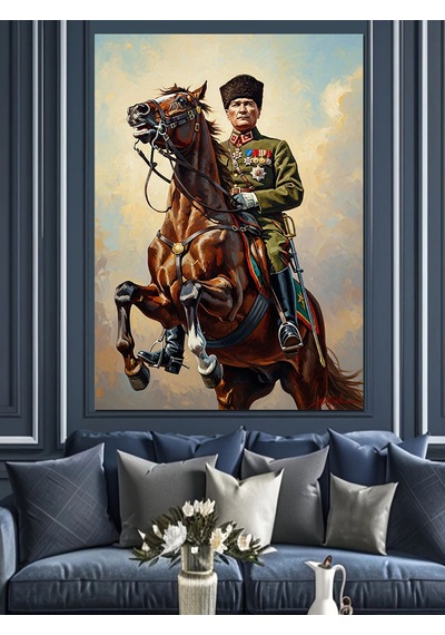Kahverengi Atla Mustafa Kemal Atatürk Dekoratif Kanvas - Mdf Ahşap Tablo