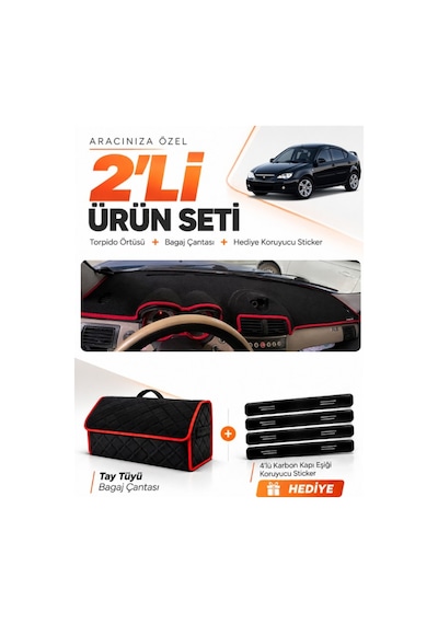 Proton Gen 2 2004-2011 Uyumlu Torpido Örtüsü + Tay Tüyü Bagaj Çantası + Sticker - Siyah Kırmızı