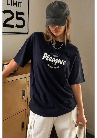 Uyguntarz Unisex Pleasure Baskılı Oversize Tshirt Lacivert