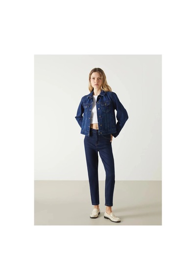LC Waikiki Lcw Vision İndigo Gömlek Yaka Kadın Jean Ceket Dark Rodeo