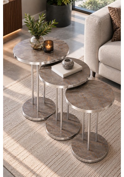 Sulorahome Mor Ve Gümüş Metal Ayaklı 3'lü Zigon Sehpa Takımı