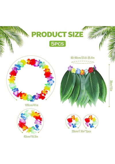 Yetişkin Hawaii Kostüm Seti - Yaprak Etek &amp Amp Hawaii Set - 5 Parça Çok Renkli