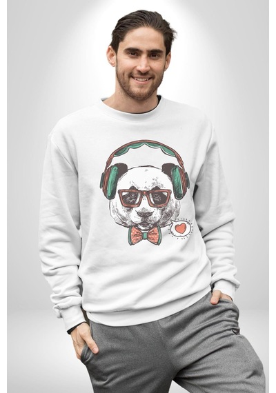 Kulaklıklı Hipster Portre Panda Unisex Beyaz Baskılı Sweatshirt Beyaz