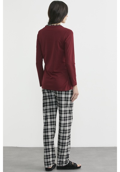 Sementa Ekose Kombinli Düğmeli Pijama Takım - Bordo Bordo
