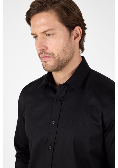 İmza Siyah Sert Yaka Düz Classic %100 Pamuk Slim Fit Gömlek 1004250324 Siyah