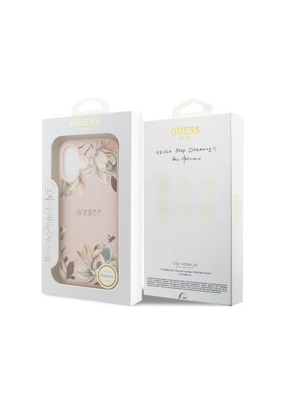 Apple Uyumlu iPhone 17 Kılıf Guess Lisanslı M-safeli Taneli Çiçek Tasarımlı Metal Yazı Logolu Kapak Pembe Pembe