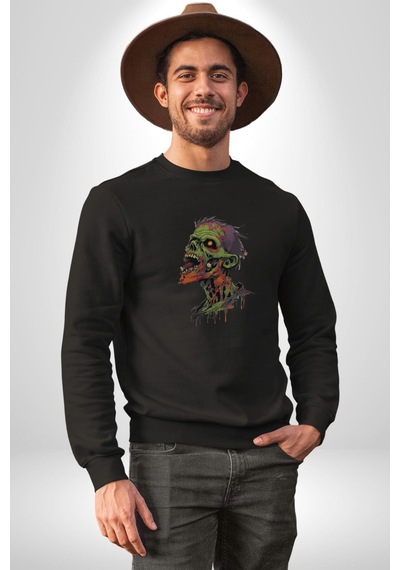 Zombi Kafası Unisex Siyah Baskılı Sweatshirt Siyah