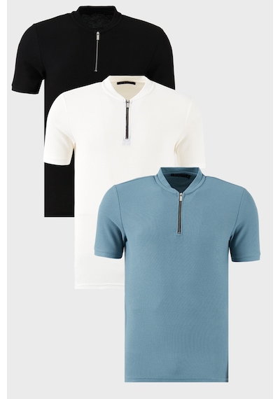 Buratti Pamuklu Regular Fit Yarım Fermuarlı Kolej Yaka 3'Lü Paket Erkek T Shirt 5902653S3 Mavi-Siyah-Beyaz