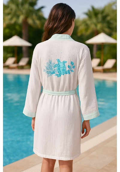 Baskılı Müslin Kimono Bornoz Unisex %100 Pamuk Yumuşacık 2 Katlı Doğal Kumaş - Ztmbb10 Turkuaz