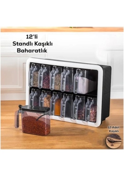 12'li Standlı Kaşıklı Baharatlık Seti Beyaz