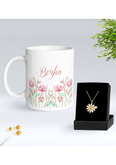 Bk Gift Kişiye Özel İsimli Çiçek Tasarımlı Beyaz Kupa Ve Papatya Kolye Hediye Seti - 15, Sevgiliye Hediye, Anneye Hediye, Arkadaşa Hediye Kobitmeyenco