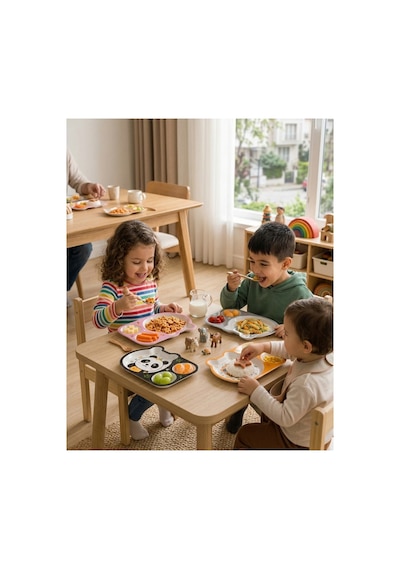 3'lü Melamin Çocuk Yemek Tabağı Seti - 3 Bölmeli Kırılmaz Bebek Beslenme Tepsisi Blw Tabağı Pembe